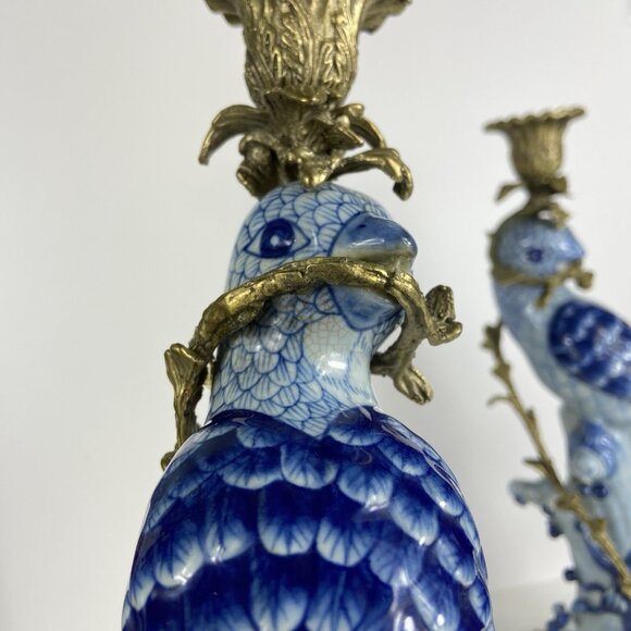 Pair of Vtg Porcelain & Brass ? Ormolu 14” Candlestick Holders Blue Bird Parrot - Picture 13 of 15